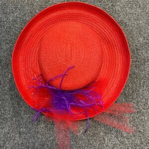 Betmar Paper Cotton Blend Red Wide Rim Sun Hat Purple Feathers Kentucky Derby